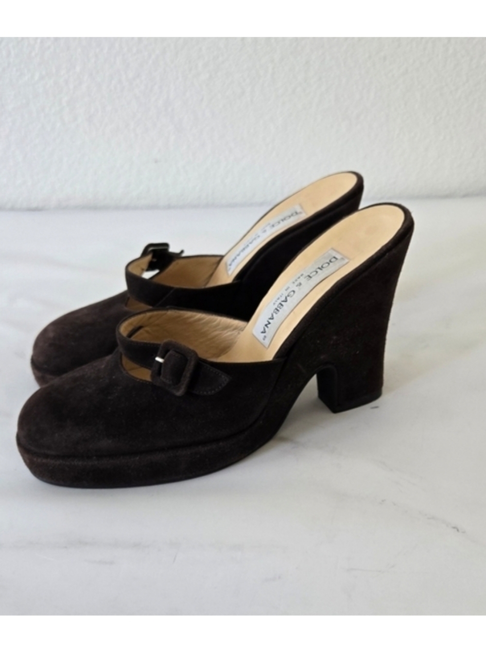Dolce & Gabbana Suede Platform Mules‎ Brown Heels Mary Jane Strap Italy size 8